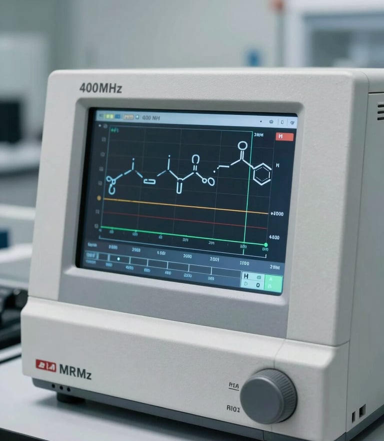 Macro close-up of a modern 400 MHz NMR spectrometer interface showing active chemical analysis graphs, clean laboratory background with cool daylight tones.