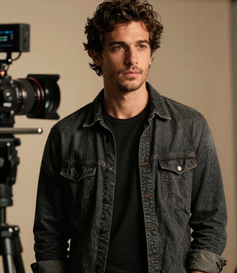 Retrato en plano medio de Joseph Albán en un set de filmación con iluminación de contraste dramático y tonos cálidos de fondo.