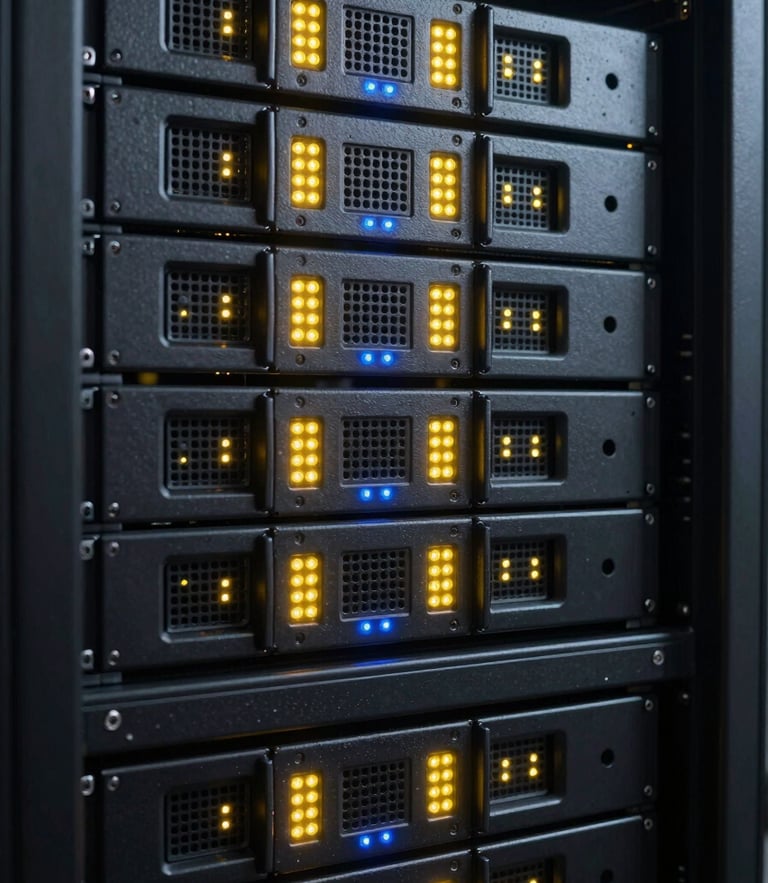Close-up of neatly organized server racks with glowing yellow LED indicators, high-contrast dark tech aesthetic, sharp industrial photography, 35mm lens