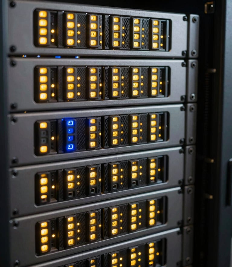 Macro shot of organized server rack with glowing yellow LED indicators, clean metallic surfaces, sharp industrial photography, 35mm lens