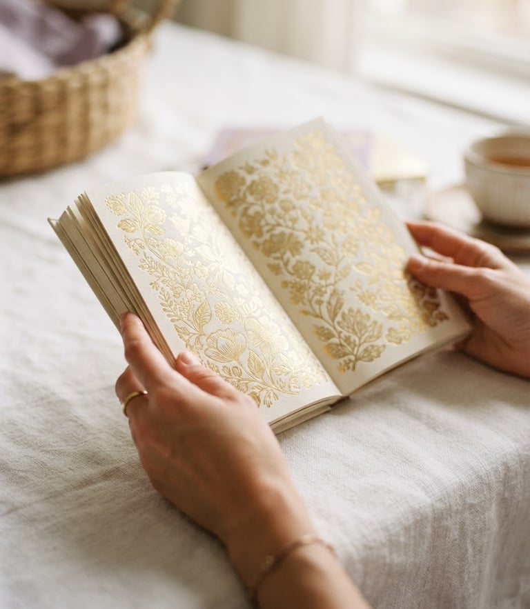 Hands holding an elegant gold-foiled guidebook on textured white linen, soft morning light, shallow depth of field