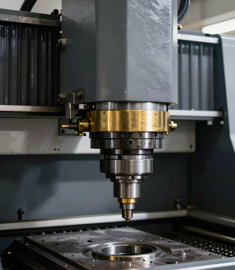 Architectural high-contrast close-up of a heavy industrial CNC milling machine, sharp daylight, cool slate gray tones with warm brass highlights