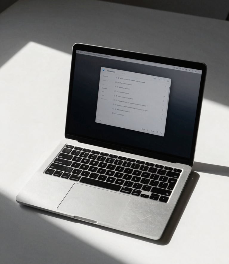 Dead-on flat lay of a minimalist workspace with a laptop displaying a sleek, high-contrast user interface, hard studio shadows.
