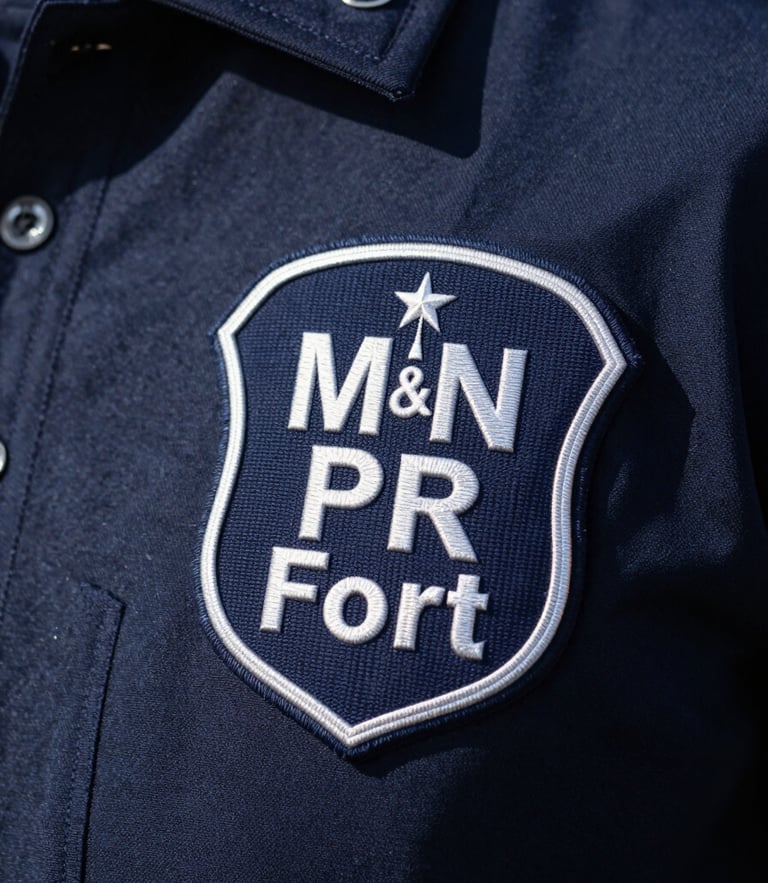Close-up of a clean, dark blue security uniform badge with M&R Fort lettering, sharp daylight lighting, emphasizing institutional authority and discipline.