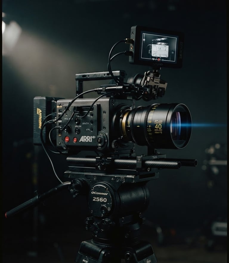 Dramatic low-key studio lighting on a high-end cinema camera, anamorphic lens reflections, deep charcoal background, 35mm cinematic editorial photography