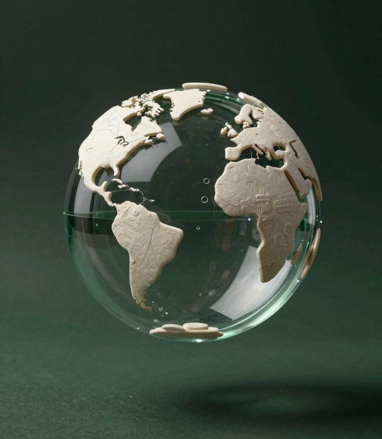 A sleek 3D glass-and-clay geometric structure symbolizing global pathways and architectural growth, floating over a dark green background, high contrast, elegant lighting.