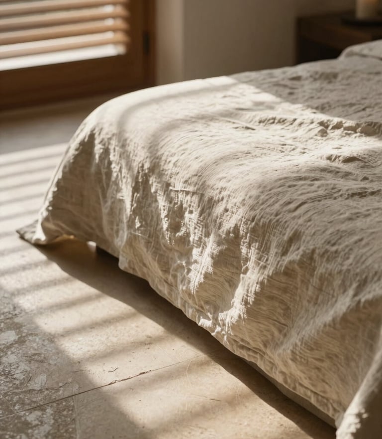 Soft morning sunlight filtering through wooden louvers onto a warm stone floor, minimalist daybed with textured linen sheets, shallow depth of field, warm editorial photography