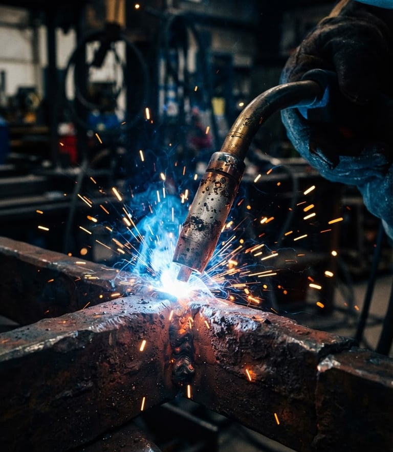 Macro shot of a heavy-duty MIG welding torch nozzle emitting cool blue arc light, sparks flying in a dark industrial workshop, high-contrast, 35mm