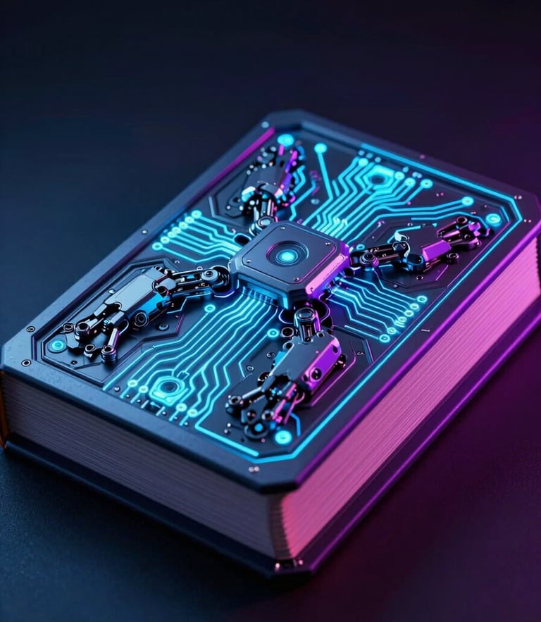 A hyper-detailed octane render of a futuristic mechanical book with glowing cyan circuits, dramatic dark studio lighting, intense neon purple highlights.
