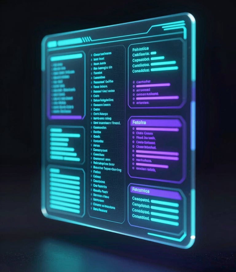 Futuristic holographic user interface floating in a dark studio, glowing cyan and purple terminal lines, macro details of digital glass, octane render style.