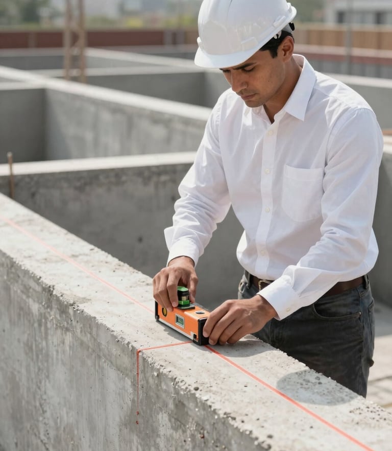 A structural engineer in a crisp white shirt using a laser level on a clean concrete foundation, bright natural daylight, architectural lines