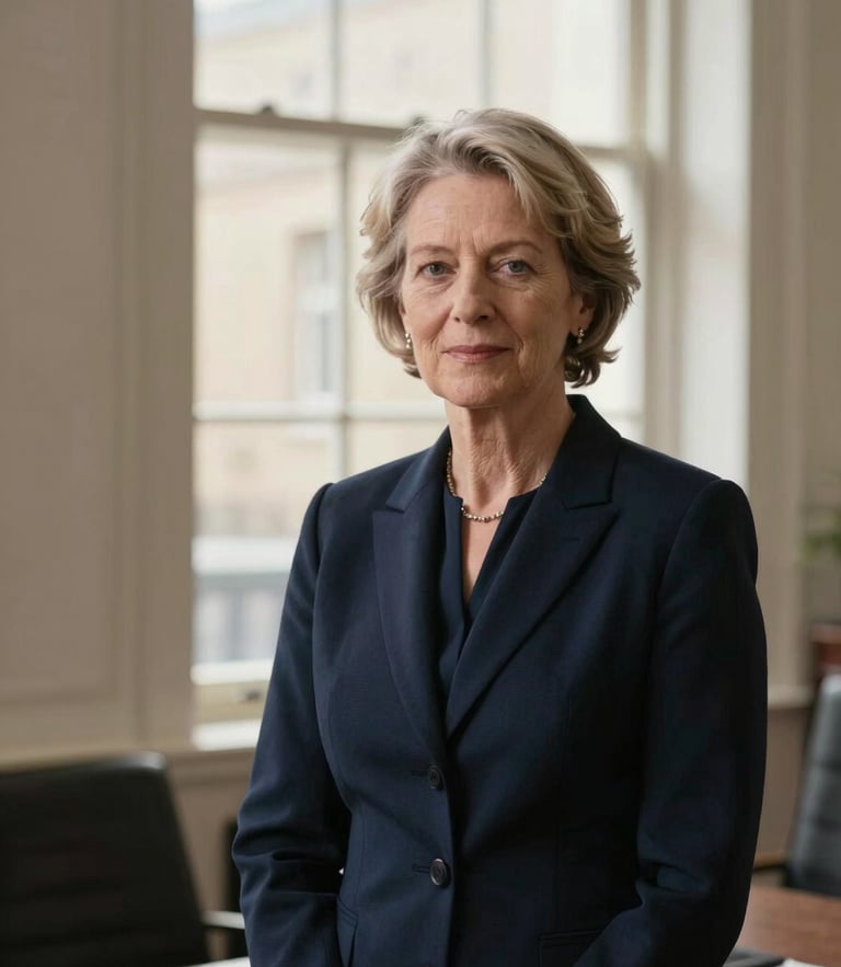 Editorial portrait of a senior female legal advisor in a refined London office, soft natural window light, muted navy tones, professional and authoritative.