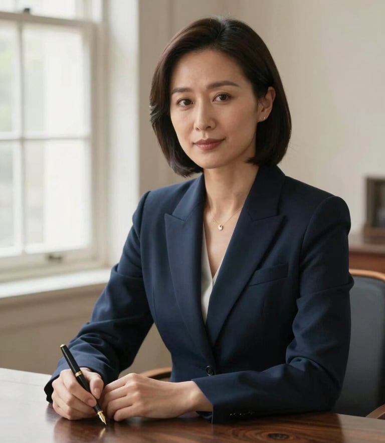 An editorial portrait of a female legal advisor in a structured navy blazer, sitting at a dark wood table with a fountain pen, soft natural window light, warm parchment background.