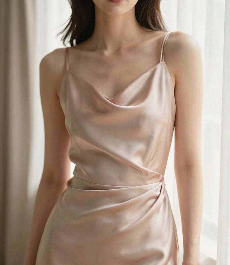 Elegant portrait of a woman in a custom-tailored silk dress, soft morning window light, warm blush tones, shallow depth of field, 85mm lens