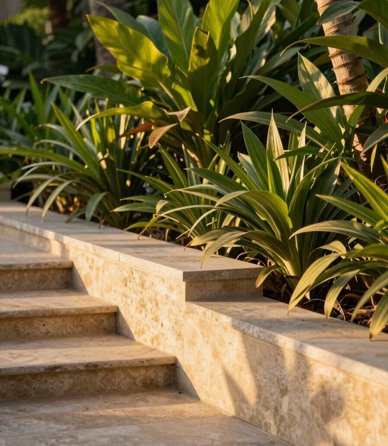 Close-up of structured tropical garden with architectural stone pathway, warm golden hour lighting, rich green foliage
