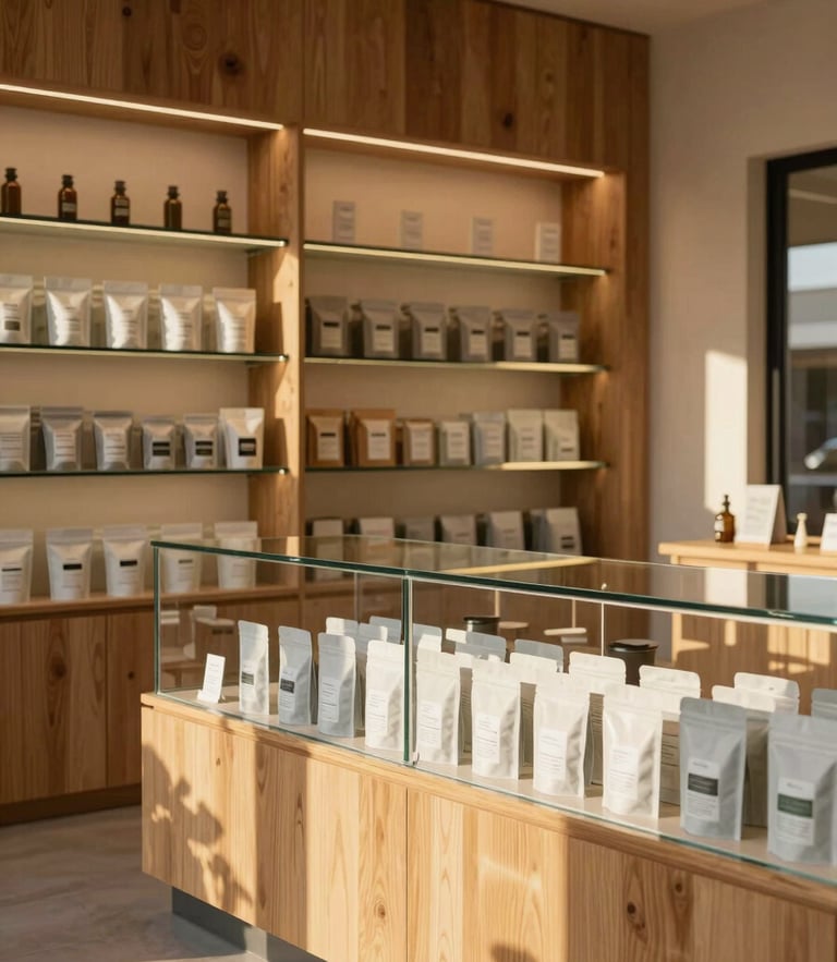 Warm wood-accented interior of a modern cannabis dispensary, soft golden-hour light illuminating clean glass display cases with minimalist packaging