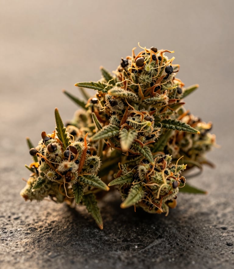 Macro shot of clean, trichome-rich cannabis flower resting on a neutral dark stone surface, warm golden-hour light from the side, extreme close-up