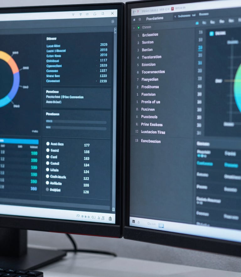 Macro detail shot of dual-monitor setup showing high-performance system metrics, cool daylight, sharp focus, 35mm