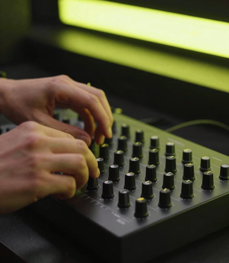Close-up of hands adjusting dials on a modern MIDI controller, illuminated by a sharp cyber-lime neon screen glow in a dark studio setting.