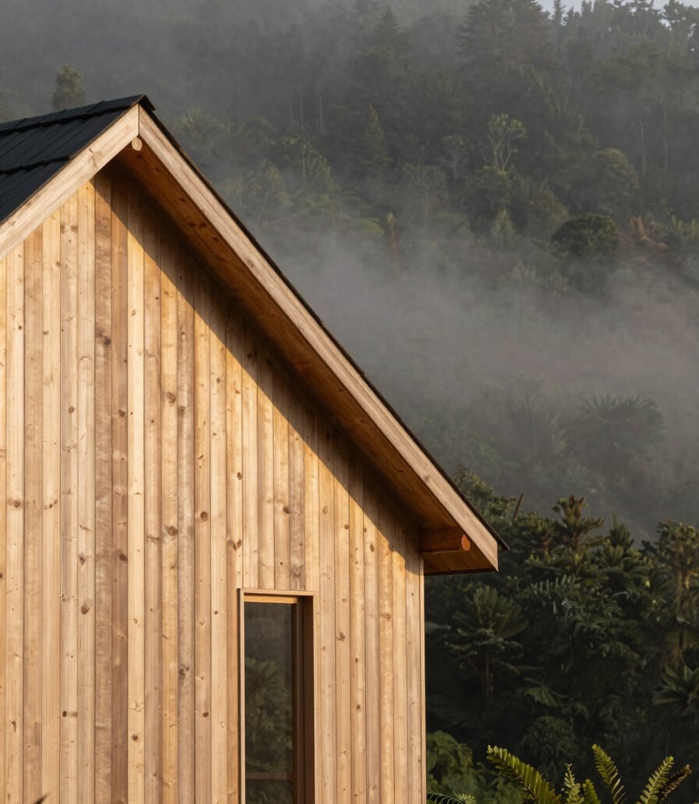 Warm editorial portrait-aspect photography of a modern architectural wooden cabin facade nestled in misty morning Andean forest, soft golden ambient light, 35mm