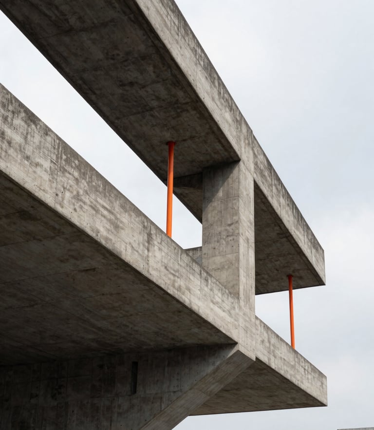 Low-angle architectural photography of a raw concrete cantilever structure in Mexico City, high-contrast overcast daylight, sharp shadows, safety orange accents