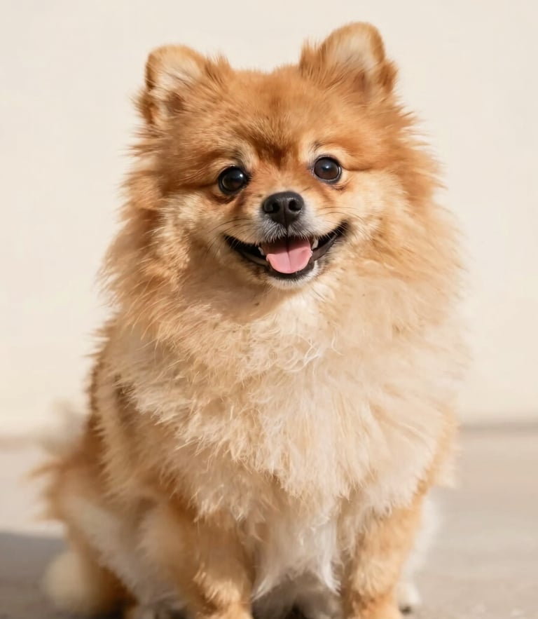 A happy fluffy Pomeranian dog sitting comfortably, looking at the camera with a joyful expression, warm natural daylight, soft cream background, eye-level 35mm