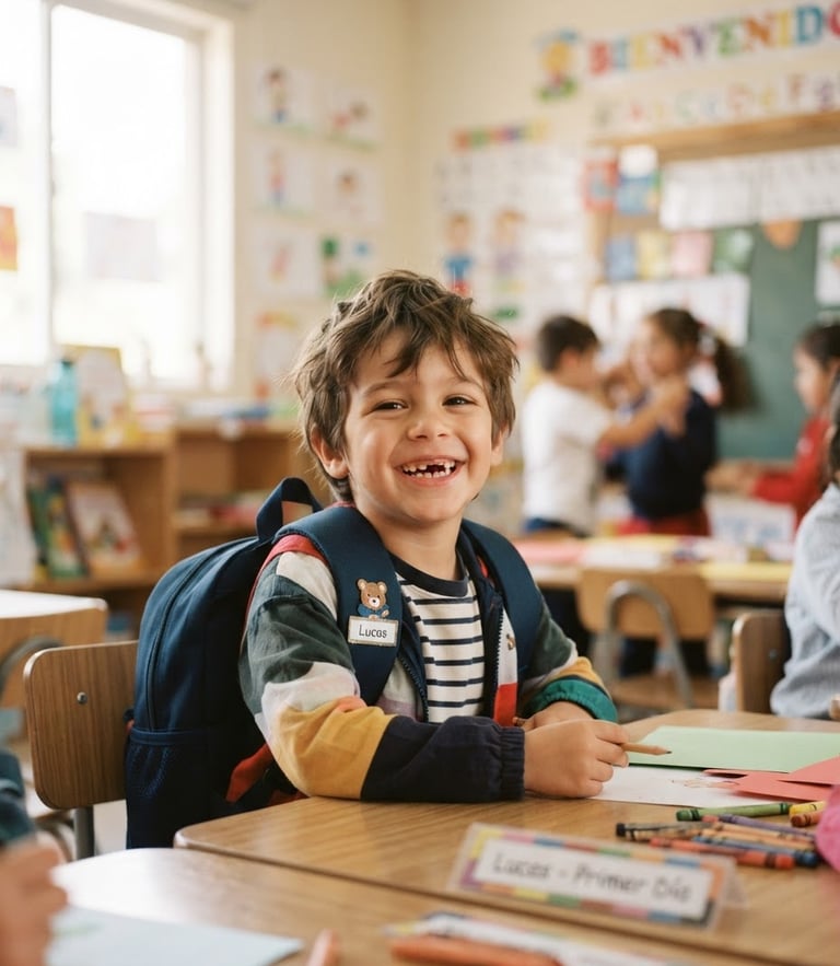 Un primer plano cálido de un niño sonriente de nivel inicial en su primer día de clases, luz natural suave de mañana en el aula.