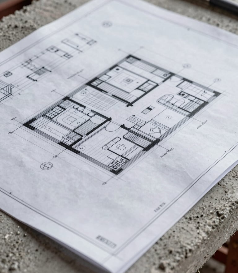 Close-up of physical architectural blueprints overlaying raw textured concrete on an active, clean construction site