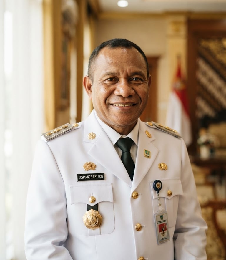 Portrait of Johannes Rettob, Regent of Mimika, smiling warmly, wearing official white uniform, natural daylight, soft gold background, warm editorial photography