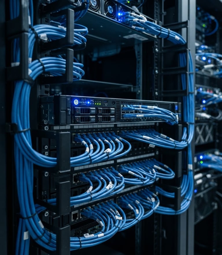 A close-up of a clean server rack with blue status lights, organized patch cables, cool technical studio lighting