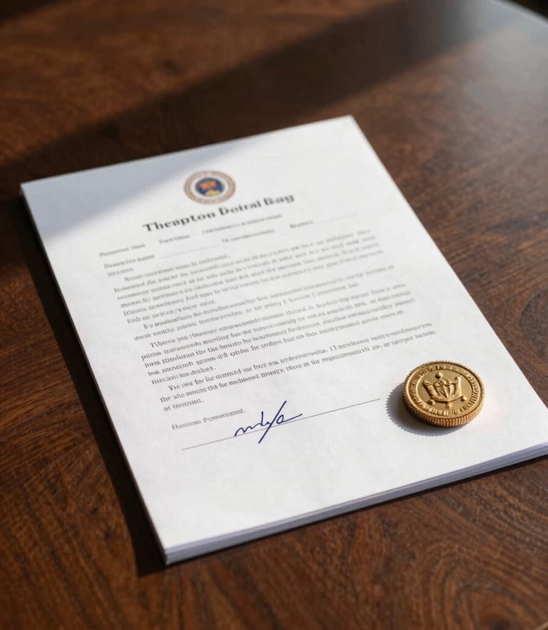 Close-up of a signed legal contract with a corporate seal on a dark wood boardroom table, sharp shadows, natural side light.