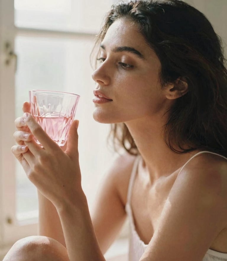 Serene Brazilian woman with healthy glowing skin sitting in warm morning window light, holding a delicate pink glass, 35mm film style, shallow depth of field