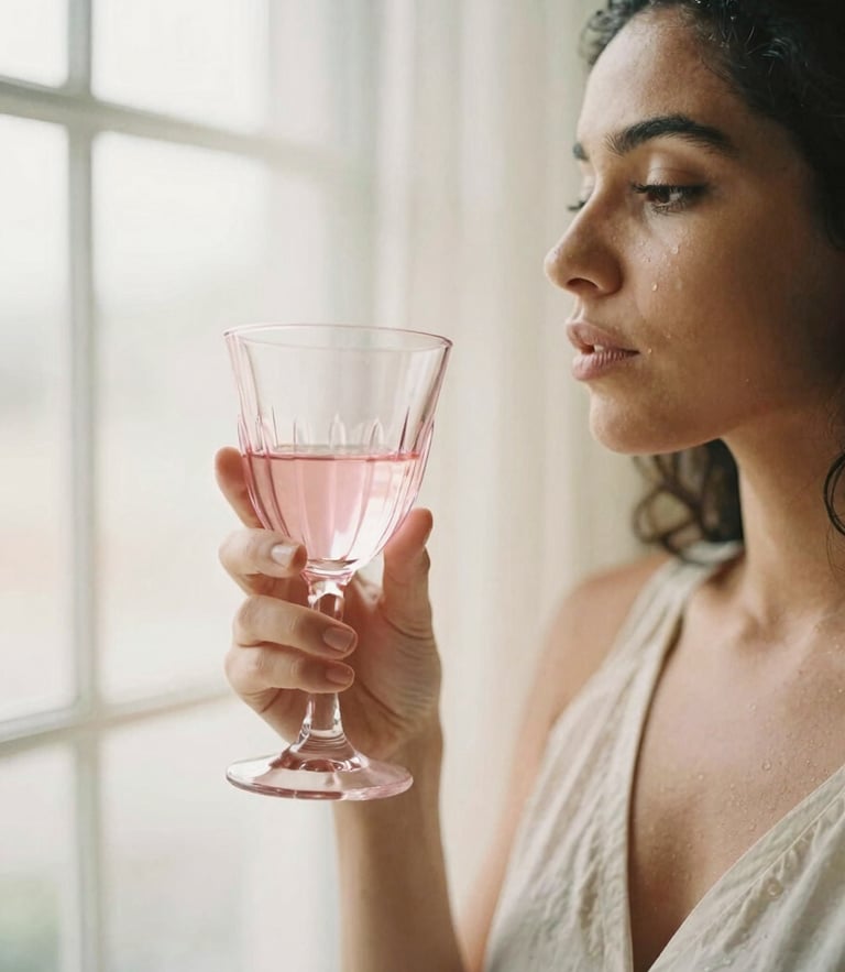 A serene Brazilian woman in soft morning window light holding a delicate pink glass, warm cream tones, shallow depth of field, 35mm film