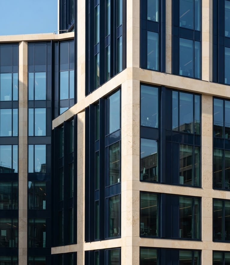 Architectural detail of a modern stone and glass financial building facade, sharp focus, bright natural daylight, deep navy and warm cream tones.