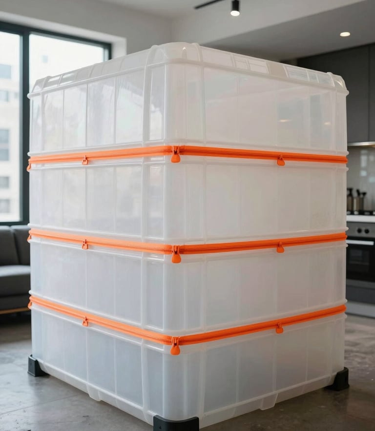 Straight-on architectural shot of a heavy-duty plastic containment zone with safety orange zippers inside a modern Manhattan apartment, clean lighting.
