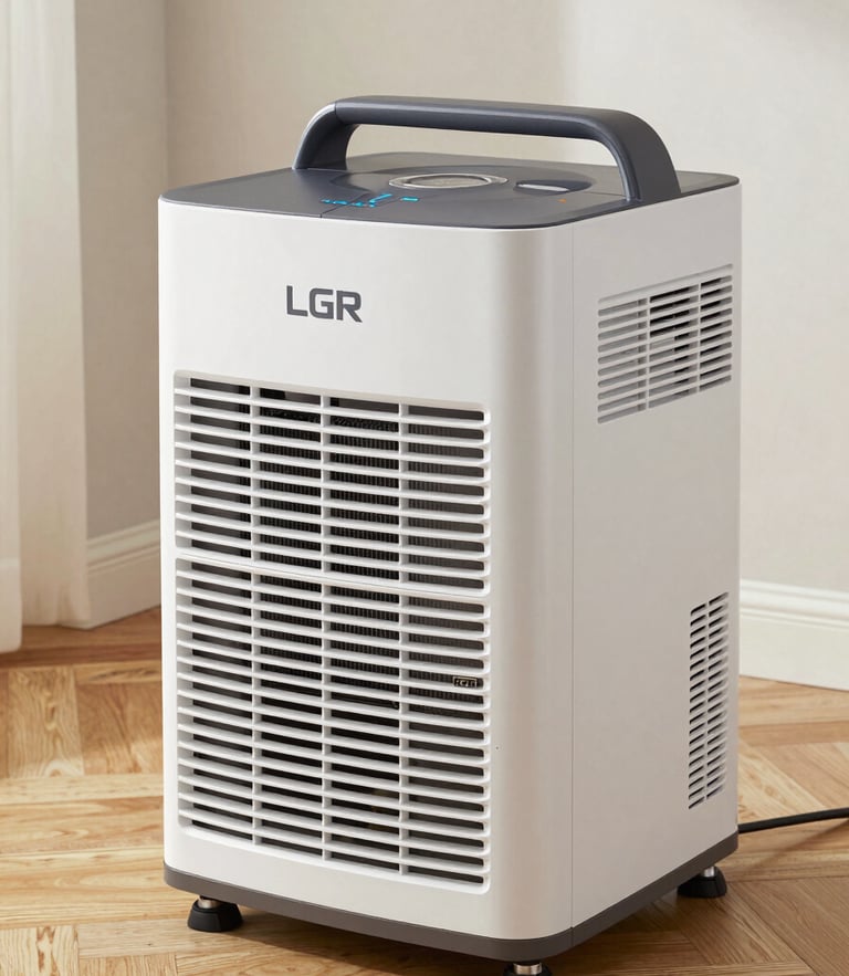 A close-up of a high-end LGR dehumidifier and air mover operating on a herringbone wood floor in a Manhattan apartment, bright crisp lighting