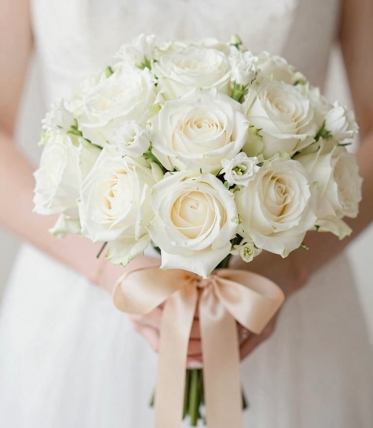 Close-up of a delicate bridal bouquet with white roses and champagne ribbons, soft diffused natural daylight, elegant and serene.
