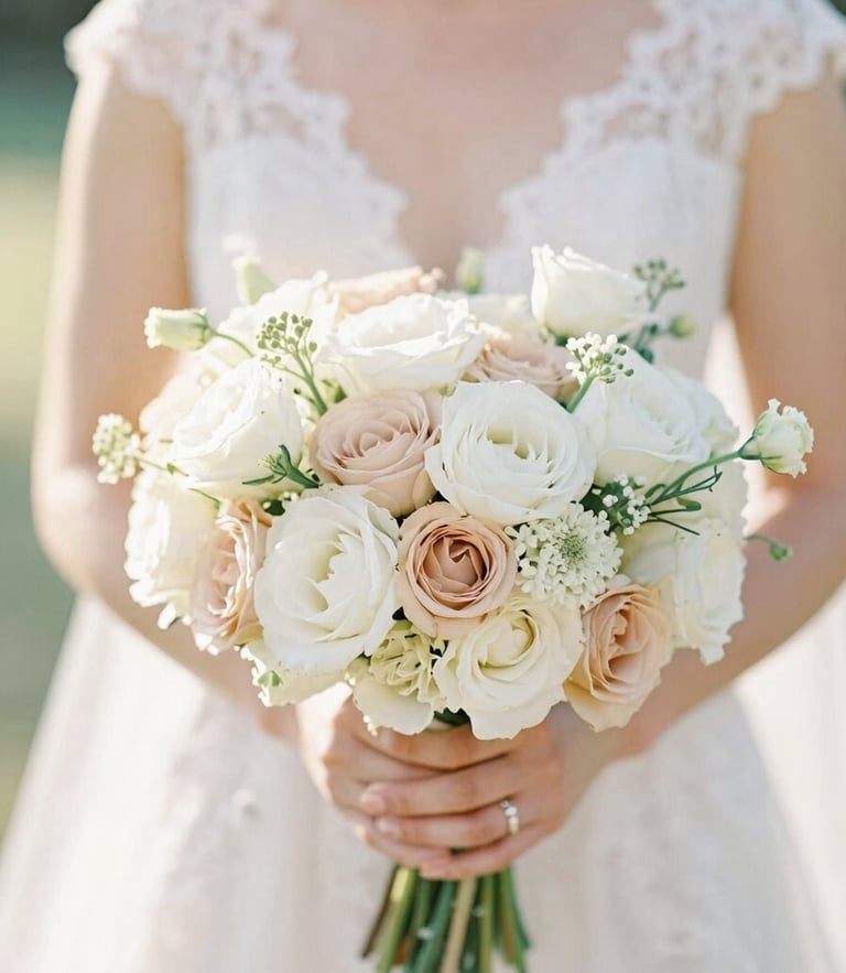 A serene close-up of a delicate bridal bouquet in warm white and champagne tones, held by a bride in a soft lace gown, diffused natural golden hour light, airy editorial photography.