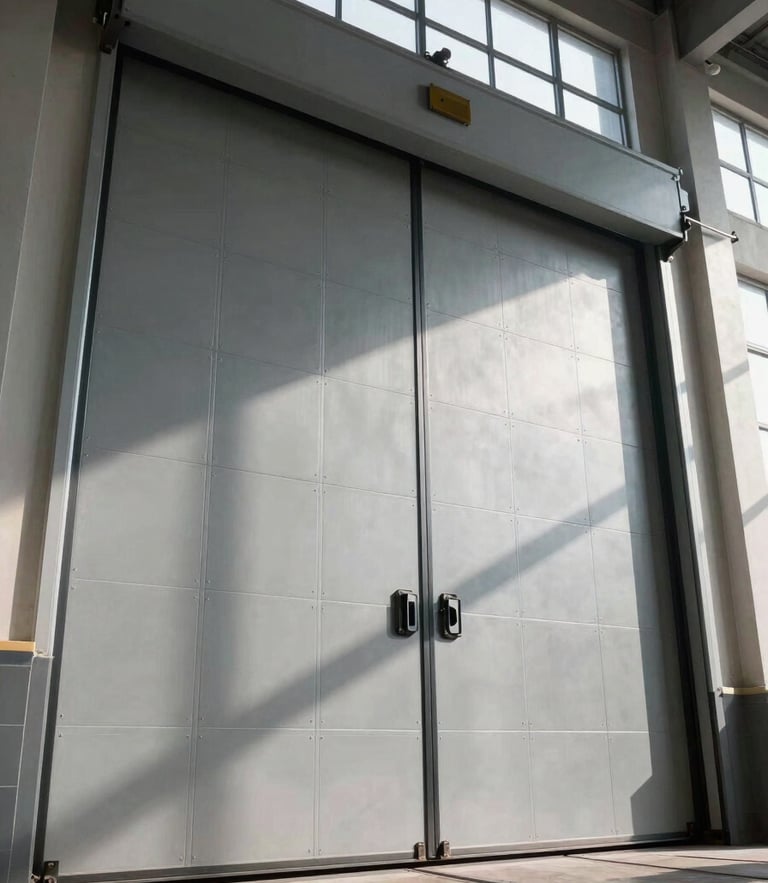 Low-angle power shot of a massive industrial sectional door, steel tracks visible, high-contrast daylight streaming through high windows, clean architectural grid lines
