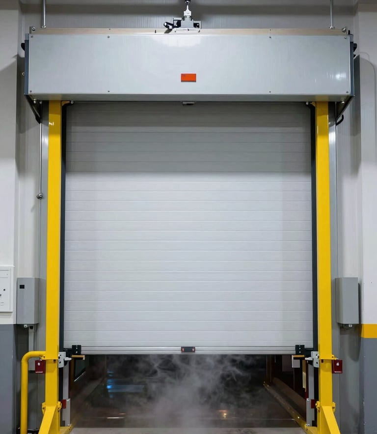 Straight-on elevation power shot of a massive high-speed roll-up door in an active cold-storage facility, high-contrast architectural lighting, vapor visible at the thermal barrier, crisp safety yellow structural tracks.