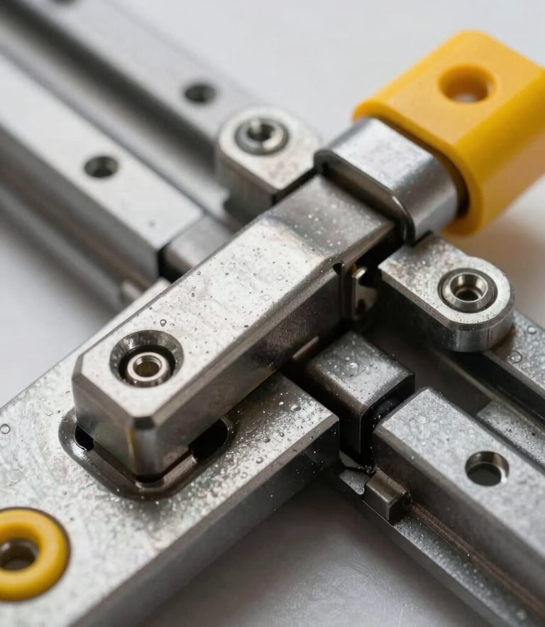 Macro detail of heavy-duty industrial door hinge and track assembly, safety yellow accents visible on steel components, sharp focus.