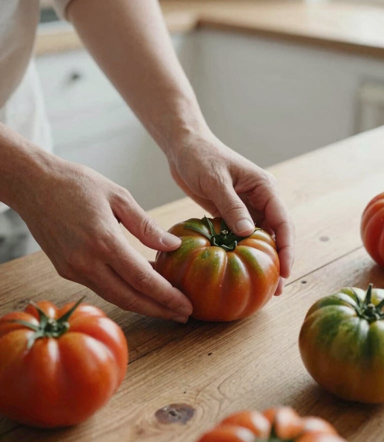 Close-up of hands arranging fresh heirloom tomatoes on a rustic wooden table, soft natural northern light, minimalist Scandinavian kitchen setting, 35mm photography