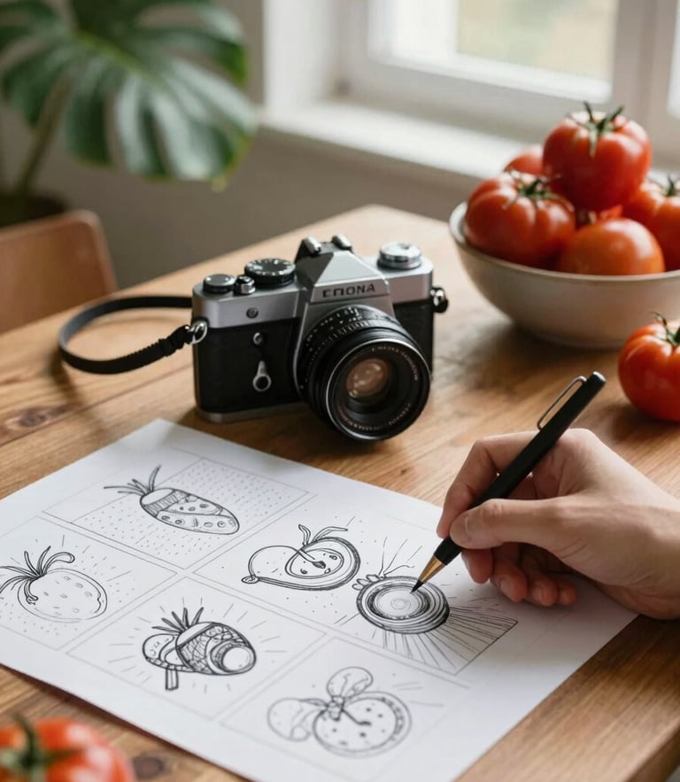 Warm editorial photography of a wooden table with a vintage camera, hand-drawn storyboards, and a bowl of fresh tomatoes under soft northern window light, 35mm style
