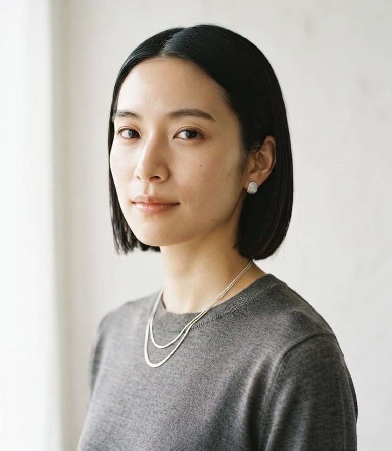 Minimalist portrait of a Japanese woman with sleek, shiny hair, soft natural window light, clean off-white background, elegant metallic textures, 50mm lens