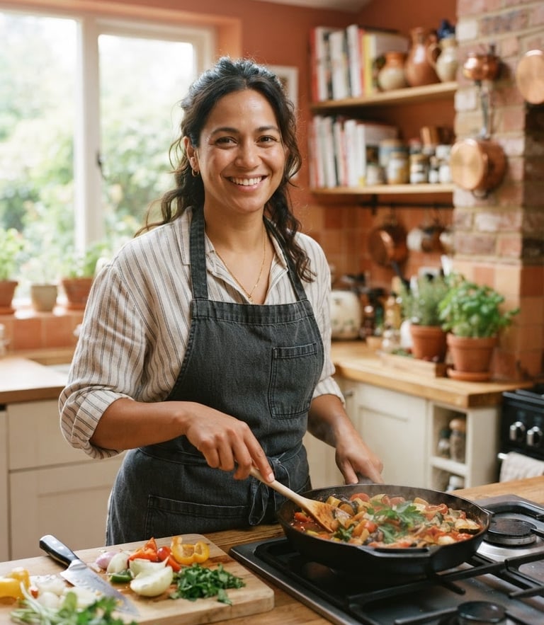 Portrait of a professional female chef smiling in a bright home kitchen, natural daylight, warm terracotta tones, 35mm photography