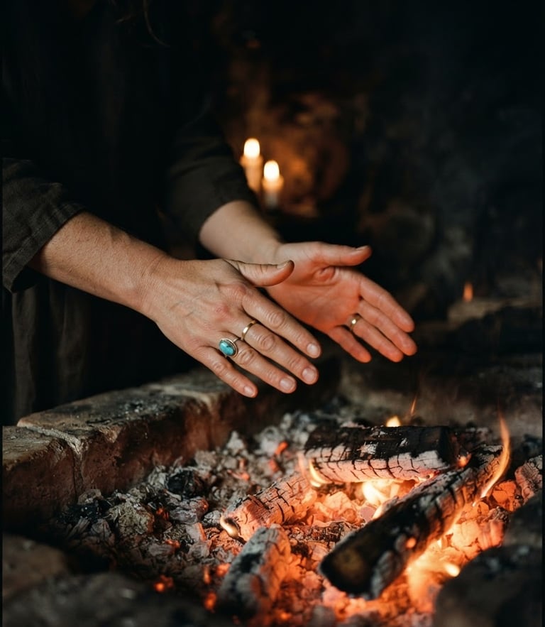 Moody editorial photography, close-up of hands hovering in a healing gesture over warm glowing embers, low-key candlelight, deep shadows, 35mm