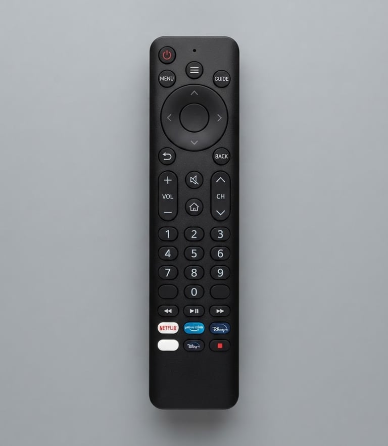 Crisp product photography of a sleek black TV remote isolated on a clean neutral grey background, bright studio lighting, sharp focus, high detail, 50mm lens