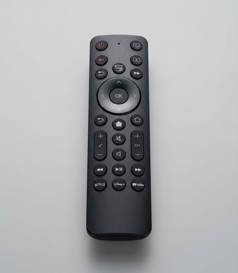 Crisp product photography of a premium black TV remote isolated on a light neutral grey background, bright even studio lighting, sharp focus, 50mm lens