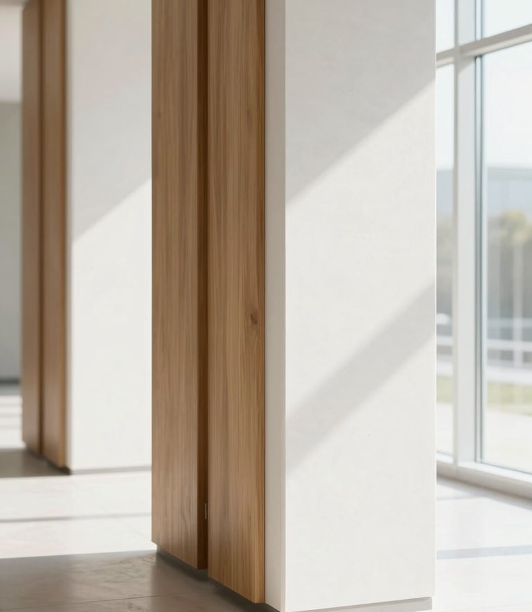 A sunlit, modern architectural detail showing strong concrete and wooden pillars, bright morning light, clean white spaces