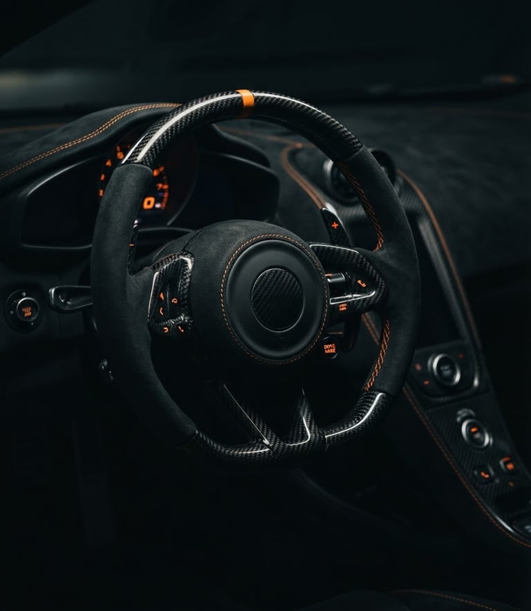 Low-angle dramatic close-up of a high-performance sports car steering wheel, carbon fiber detailing, sharp orange stitching, moody ambient lighting